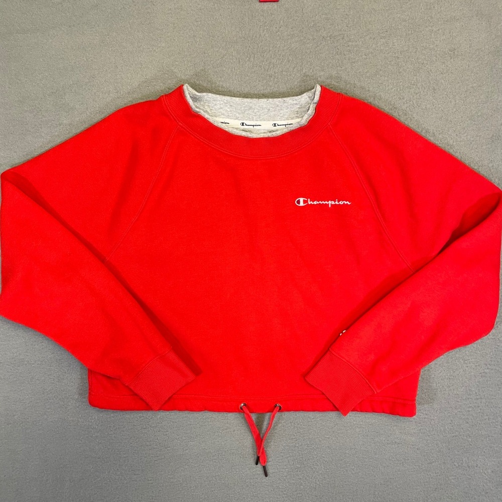 Champion Cropped Sweatshirt Womens Small Red Drawstring Hem Raglan Crew Neck